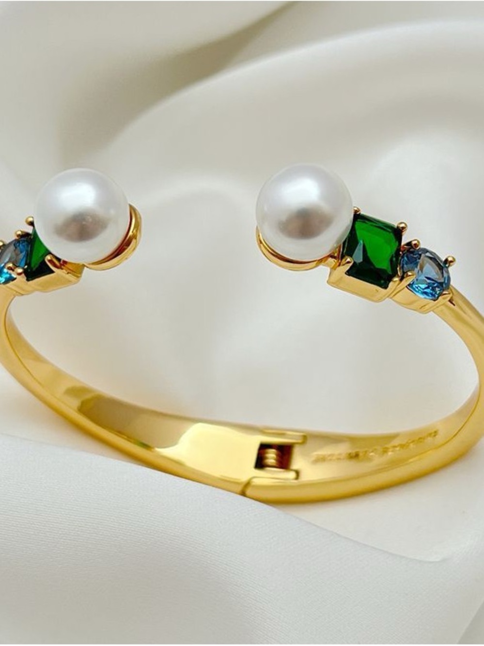 kate spade Gold Cuff Bracelet with White Pearls and Green & Blue Stones